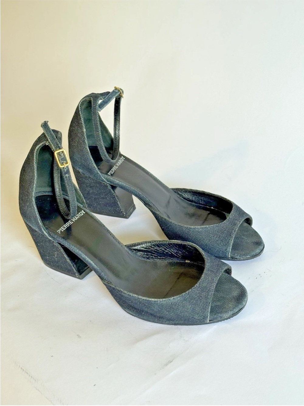 Pierre Hardy Blue Denim Ankle-Strap Peep-Toe Block Heels Women’s 36